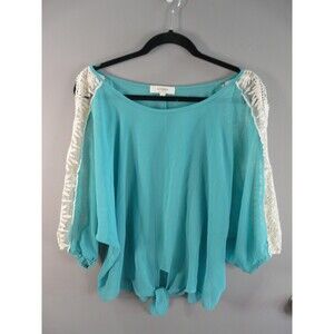 Umgee USA Womens Large 3/4 Lace Sleeve Boho Top Teal Blue